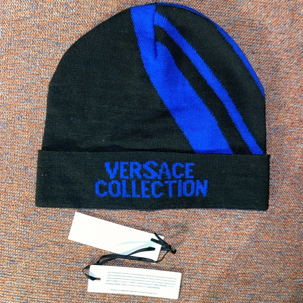 Versace Collection Men's Black/Blue Wool Logo Beanie